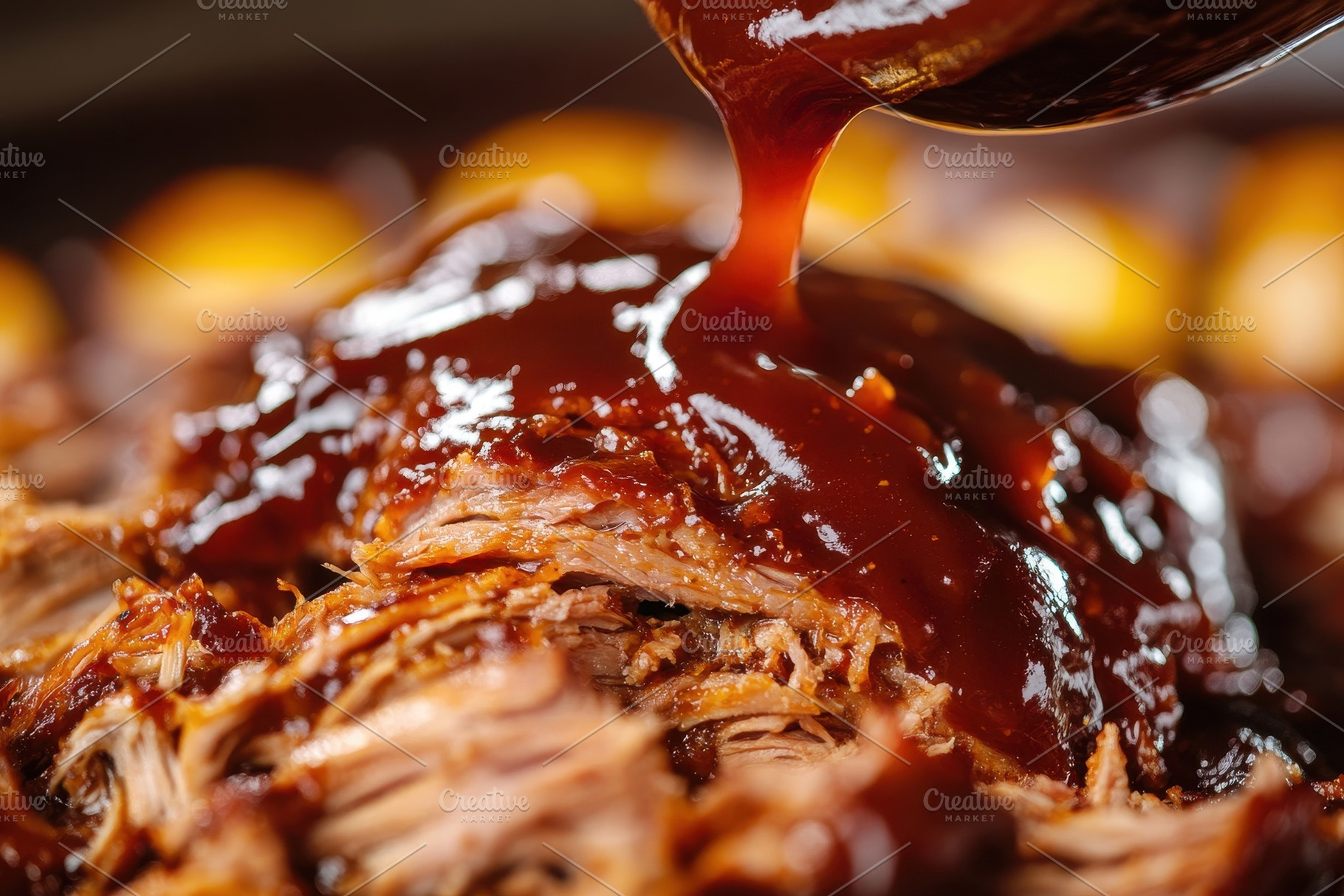 BBQ sauce flows over juicy pulled, a Photo by Pavel_design