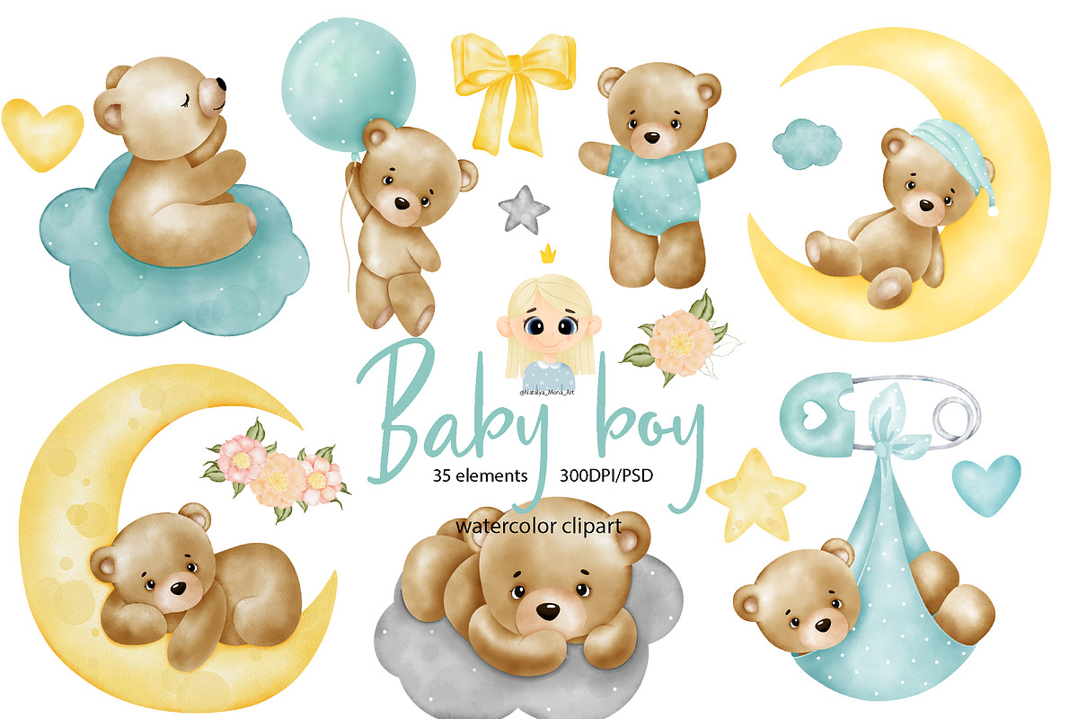 Baby Boy Watercolor clipart, an Animal Illustration by Natalya_Mona_Art (Photo 1 of 10)