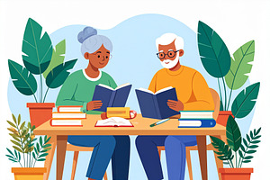 Elderly couple with books studying together in a library, an Education Illustration by DanFLCreativo