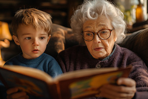 An elderly woman and a young boy share a moment reading together, surrounded by, a Person Photo by ImageMir