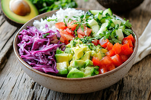 Healthy poke bowl with rice and vegetables, a Food & Drink Photo by AlyaAnd