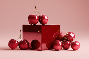 Bright red cherries on a cube stand, a Photo by Beautiful things