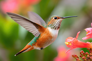 Vibrant hummingbird hovering near flowers, an Animal Photo by AlyaAnd