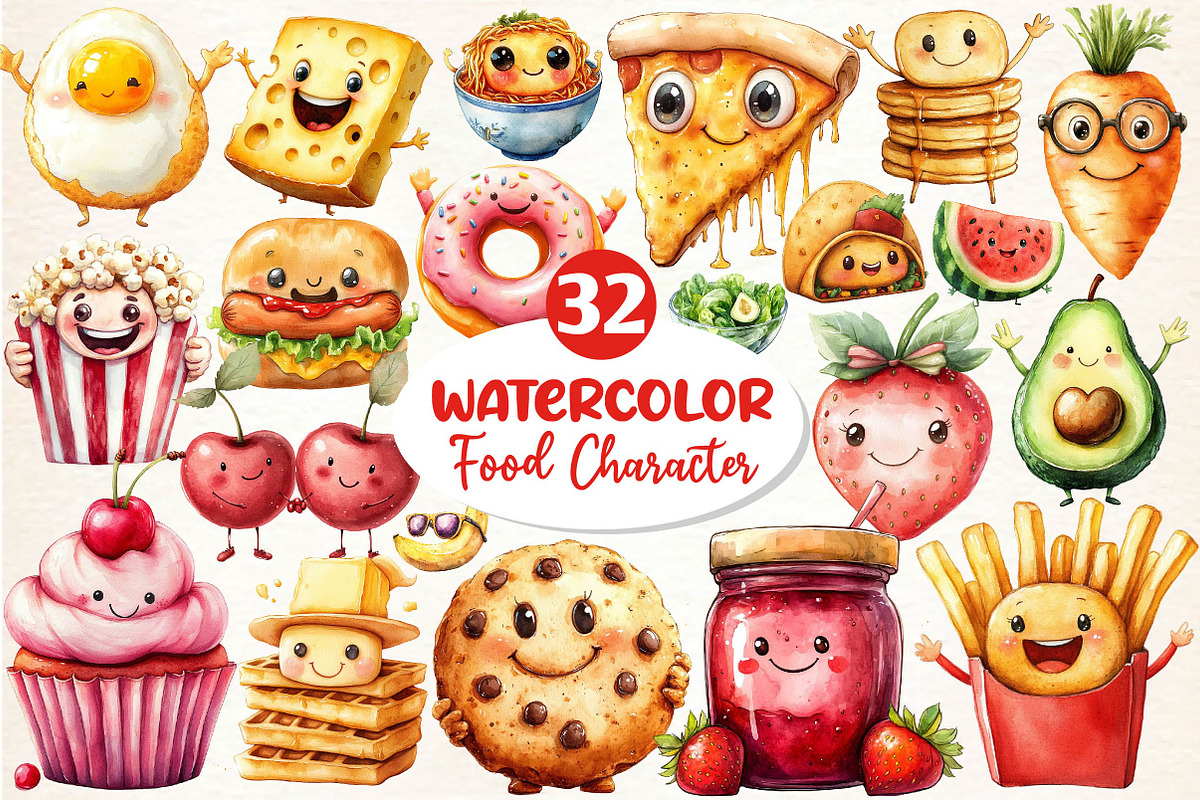 Watercolor Food Character Clipart, an Illustration by Dream Creation (Photo 1 of 6)