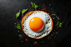 Fried egg with golden yolk served on black slate surface, a Food & Drink Photo by GoodGoods