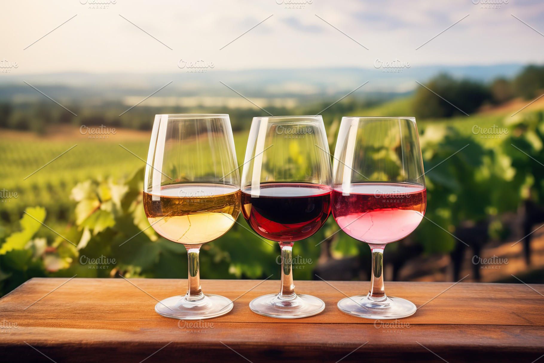 Glasses of red, white and pink wine on vineyard background, a Food & Drink Photo by AlyaAnd