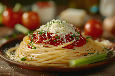 A plate of spaghetti topped with Bol, a Photo by LOGOCREATIVE