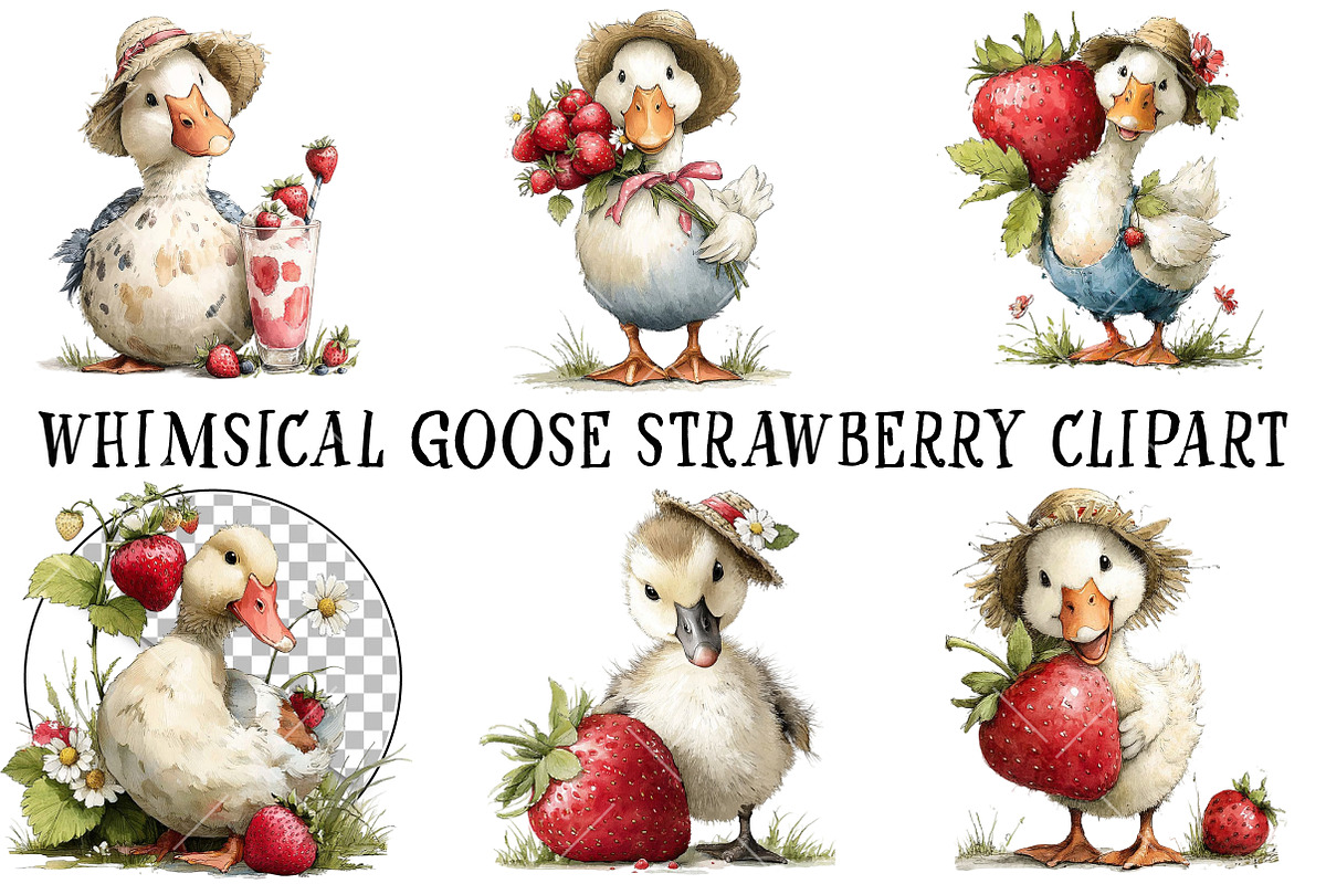 Whimsical Goose Strawberry Clipart, an Illustration by OK Design (Photo 2 of 6)