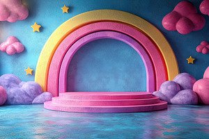 Whimsical pastel rainbow stage with colorful clouds and stars in, a Food & Drink Photo by José Manuel Gelpi