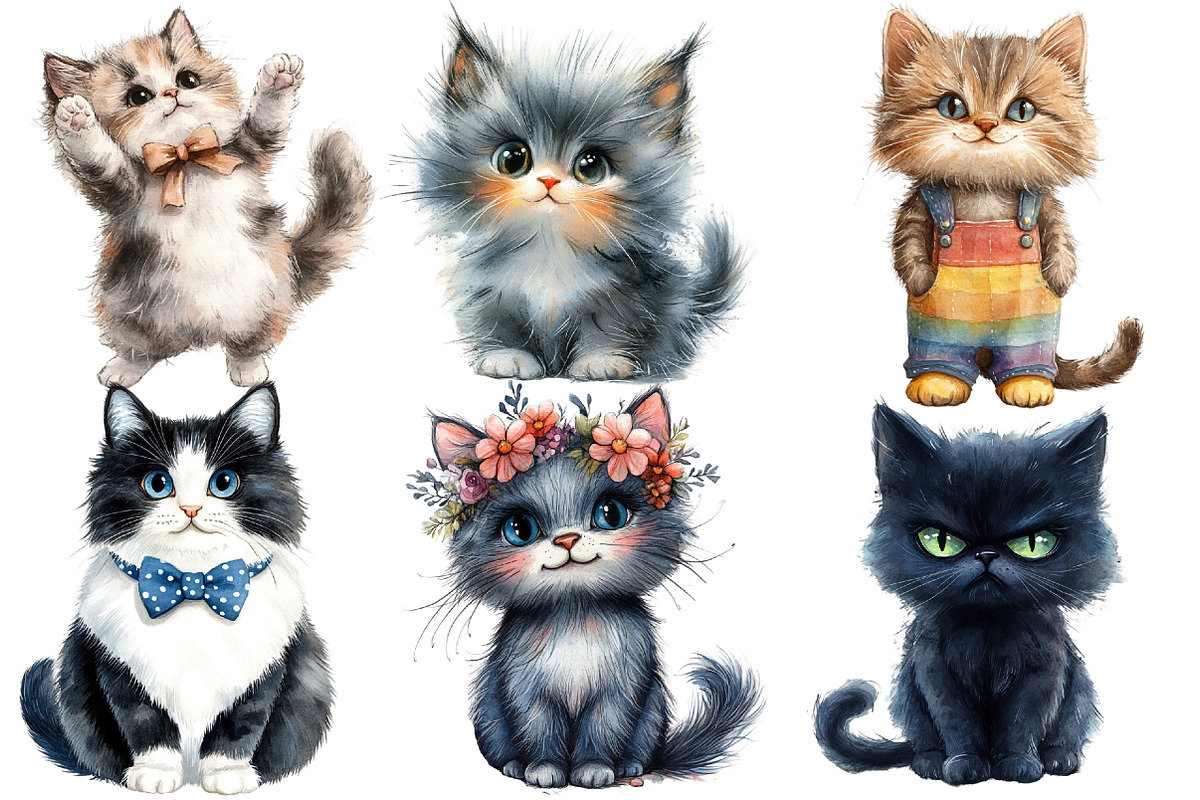 Watercolor Whimsical Cat Clipart, an Illustration by Designworld (Photo 3 of 6)