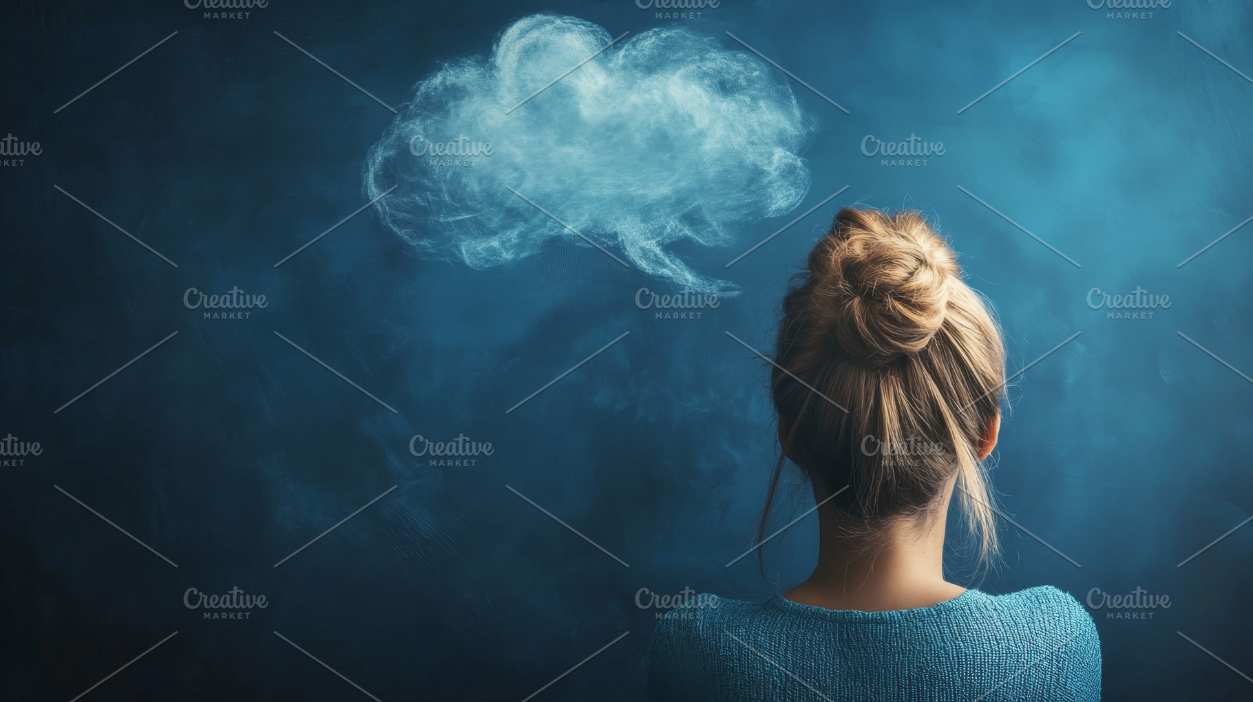Woman Facing a Thought Cloud on Dark Blue Background, an Abstract Photo by Natalia Klenova's Shop