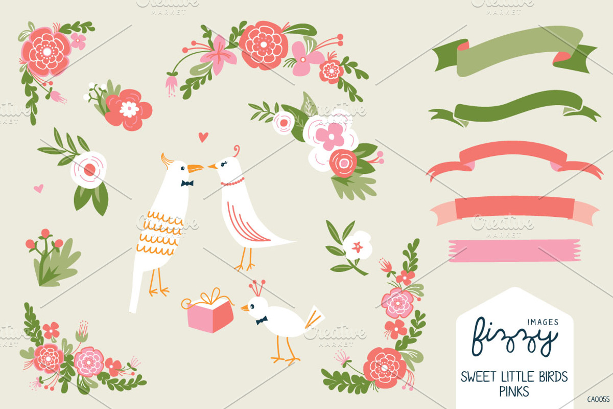 Wedding: Pink Floral & Birds Bundle, an Illustration by Fizzy Images