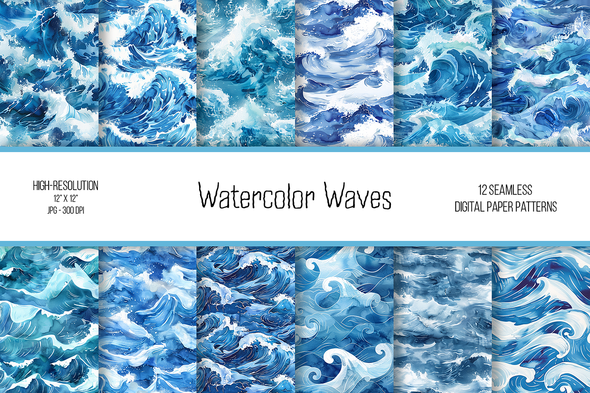 Watercolor Waves Digital Paper, a Pattern Graphic by Chromolume Studio (Photo 1 of 28)