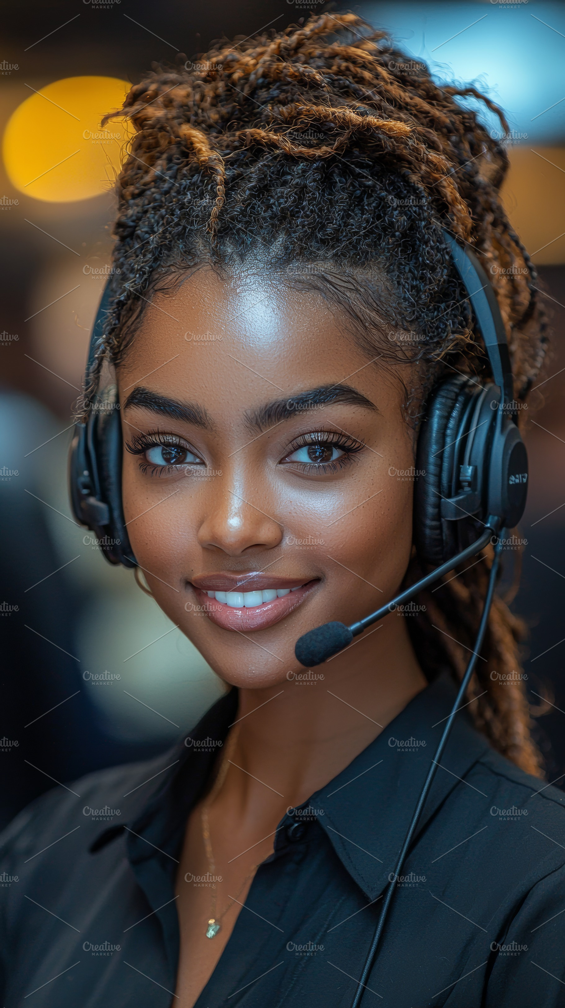 Smiling woman wearing a headset providing customer support with professionalism, a Photo by AS photostudio