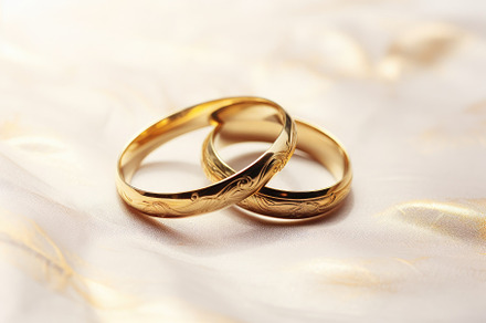 Two gold wedding rings on a white sa, a Photo by Iftikhar Alam