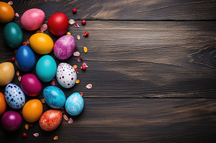 Colorful easter eggs on wooden background, a Holiday Photo by AlyaAnd