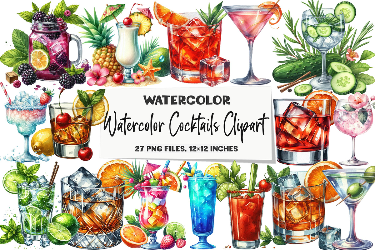 Watercolor Cocktails Clipart, an Illustration by DreamArtGraphic (Photo 1 of 5)