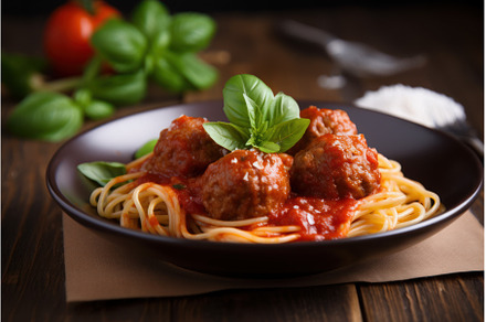 Meatballs tomato spaghetti. Generate, a Food & Drink Photo by Ylivdesign