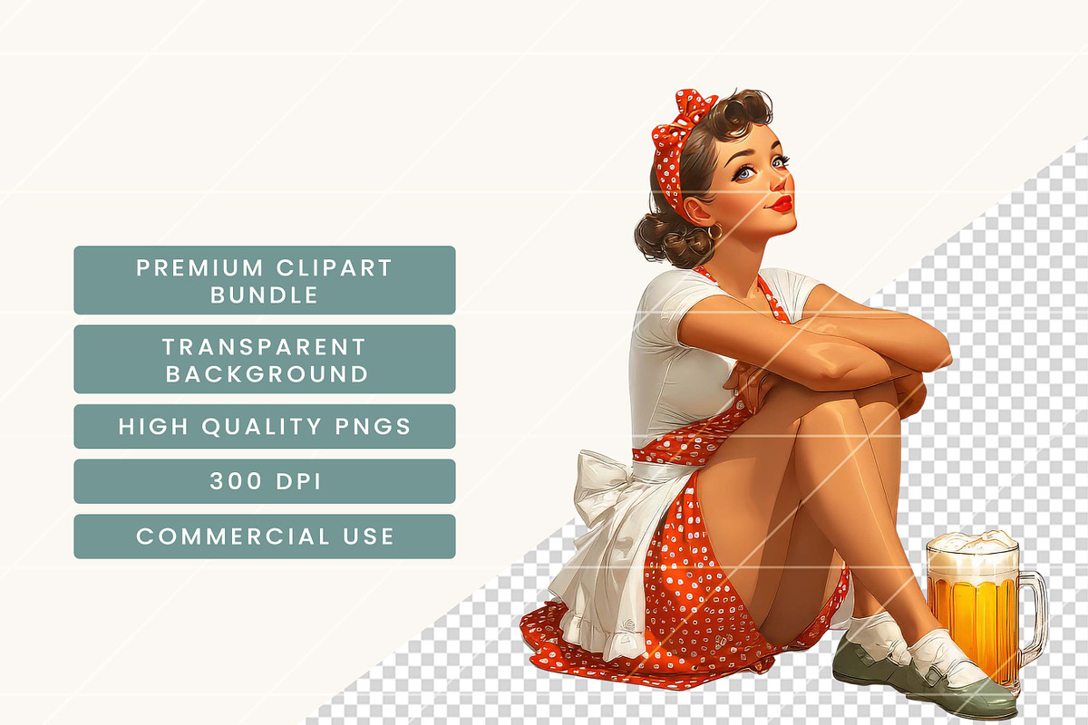 Retro Vintage Beer Girl Clipart, a Person Illustration by BusyDaydesign (Photo 6 of 9)