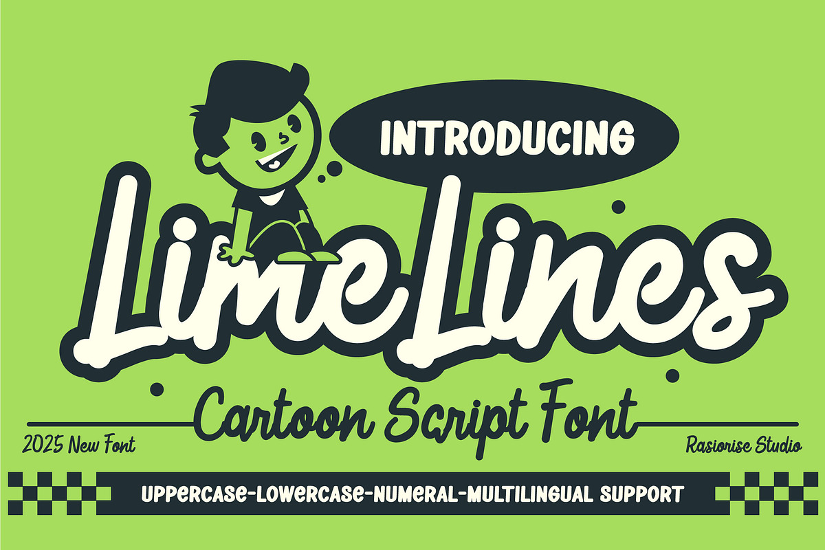Lime Lines a Script Cartoon Font, a Script Font by Rasiorise Studio (Photo 1 of 11)
