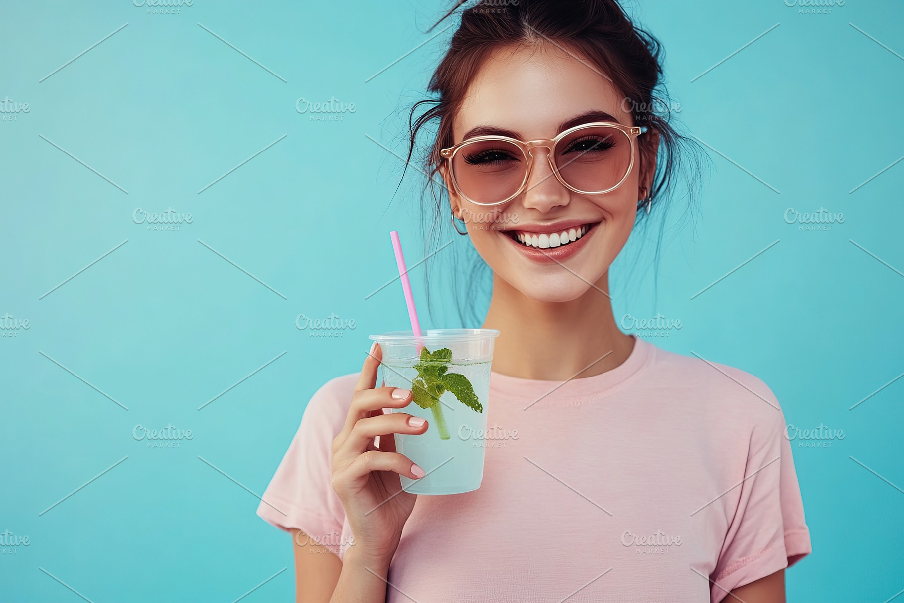 Smiling young woman enjoying drink against vibrant blue background in summer, a Person Photo by AlyaAnd