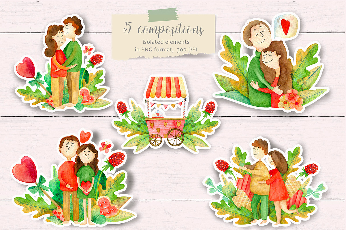 Valentines Day watercolor Set, an Illustration by annasokol_ (Photo 3 of 12)