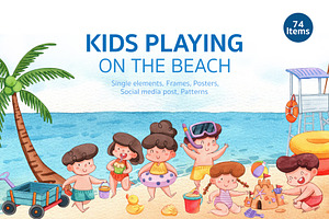 Kids Playing on the beach Watercolor, a Person Illustration by CreativeValuation