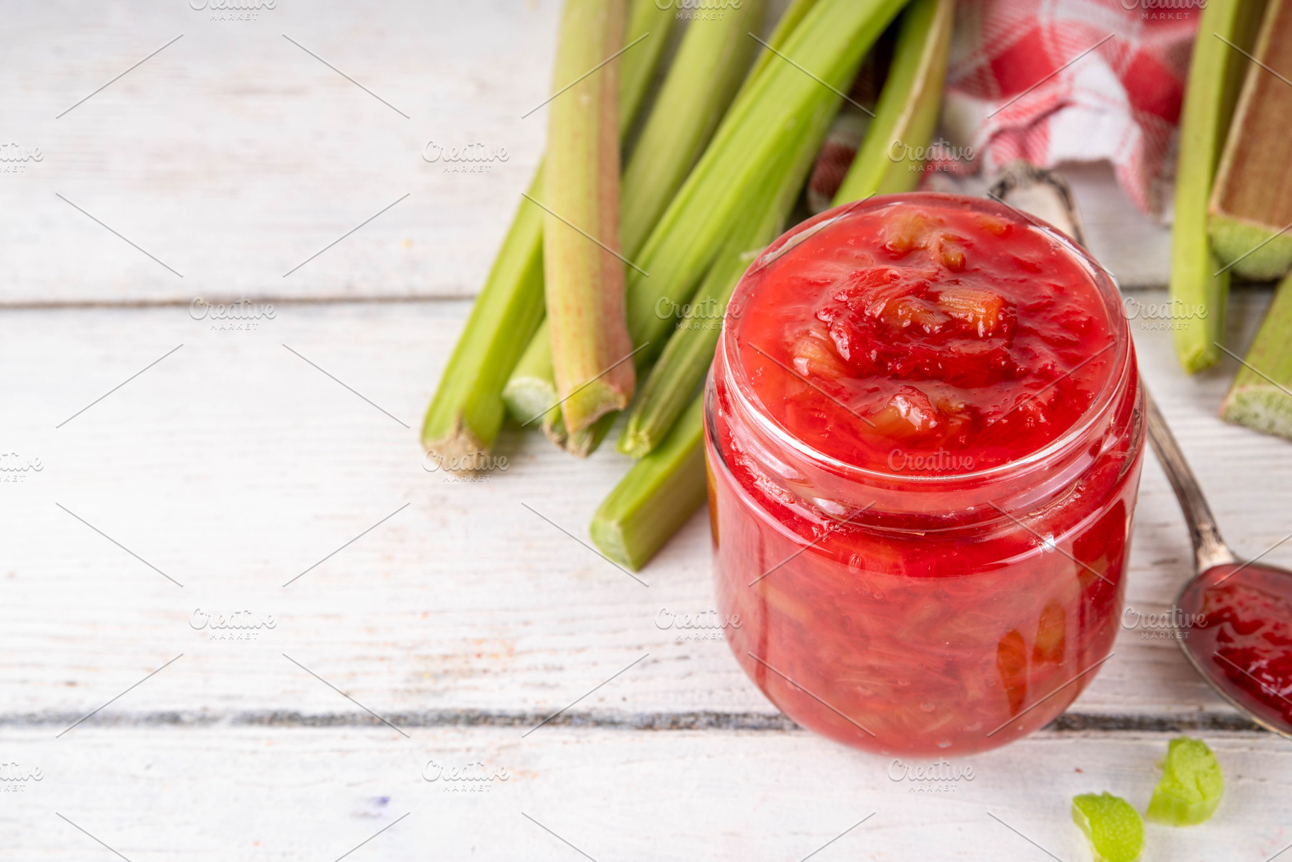 Pink and green rhubarb sweet jam, a Food & Drink Photo by Rimma