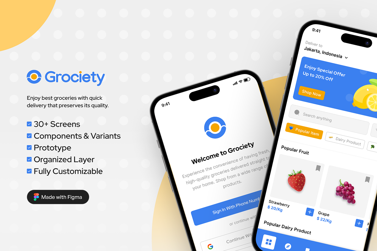 Grociety - Grocery App UI Kit, an UI Kit Template by restiyathena (Photo 1 of 6)