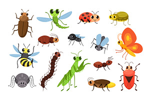 Cute Cartoon Insects. Happy Bugs