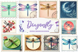 Dragonfly Postage Stamps Clipart, an Illustration by Daily.Designs