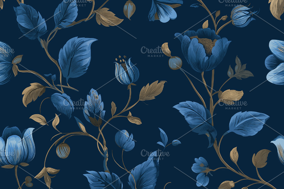 Seamless pattern with vintage floral motifs featuring blue flowe, a Pattern Graphic by Studio ANNA