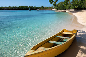 Yellow wooden boat resting on beach, a Nature Photo by MistyDay