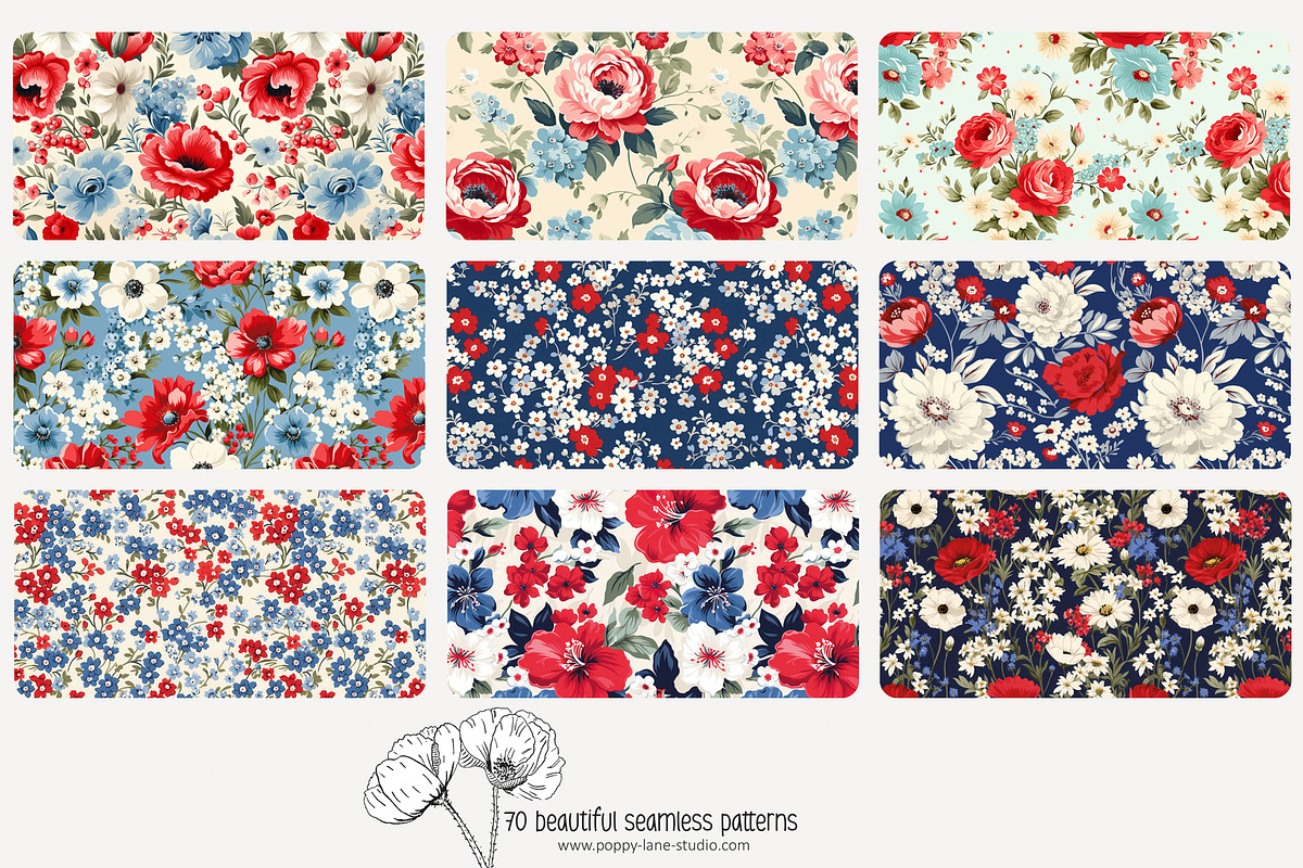 70 red/blue floral seamless pattern, a Pattern Graphic by Poppy Lane Studio (Photo 8 of 10)