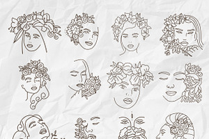 Head In Flowers: Women Faces Lineart