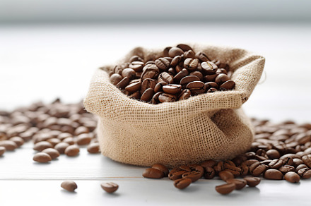 Roasted coffee beans in burlap bag on wooden background. Generative AI, a Photo by AlyaAnd