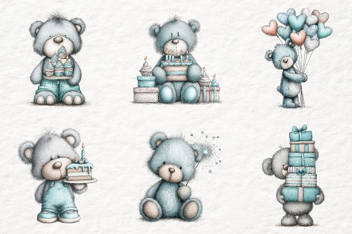 whimsical birthday teddy bear png, an Animal Illustration by Watercolor design (Photo 2 of 6)