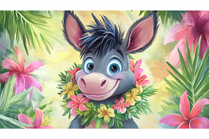 Happy Little Donkey With Wreath Of