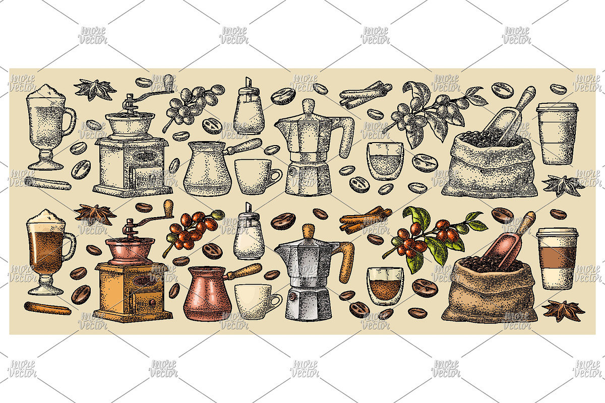 Set coffee vector engraving, a Food Illustration by MoreVector (Photo 3 of 4)