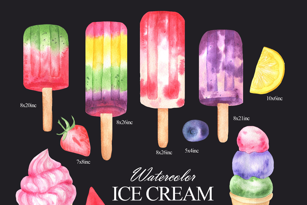 Colorful watercolor ice cream, a Food Illustration by OlDm_Shop (Photo 3 of 10)
