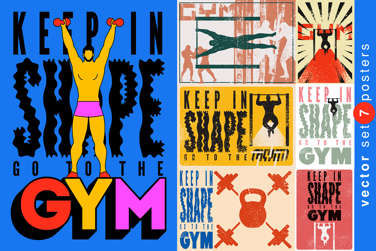 Gym vintage vector poster set., a Sport Illustration by PoPaShop (Photo 1 of 8)