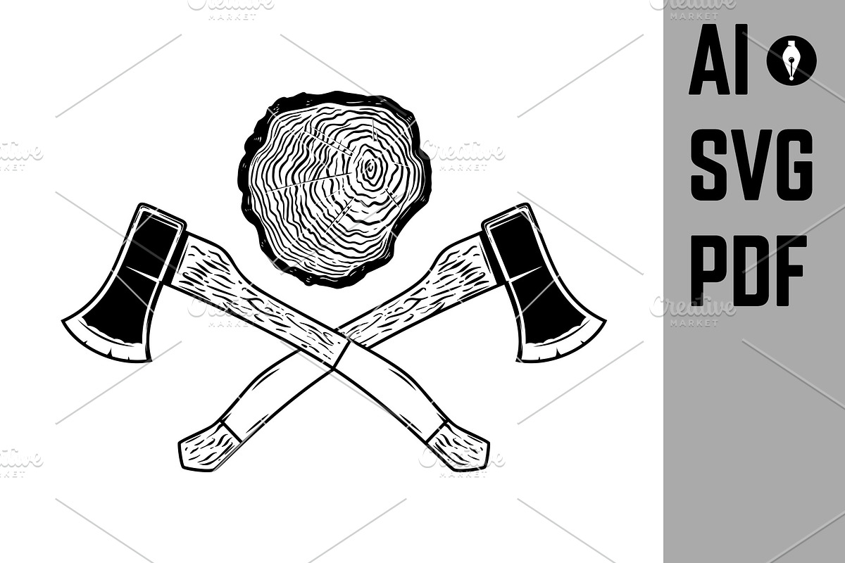 Crossed lumberjack axes with wood, an Object Illustration by Vectorhight