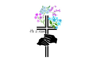 He is risen. Cross with flowers, an Illustration by Nenahliadava Design