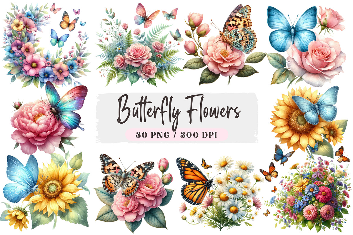 Butterfly Flowers Watercolor Clipart, an Illustration by DreamArtGraphic (Photo 1 of 4)