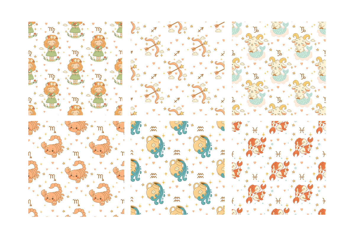 Cute Zodiac Seamless Patterns  12, an Illustration by Bielousova Art (Photo 3 of 8)