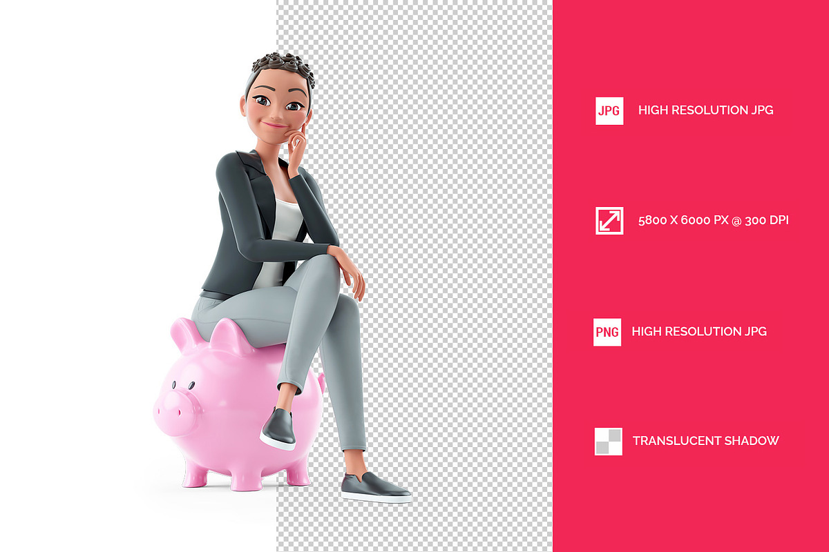 3D Character Woman Sitting on Piggy, a Person Illustration by 3DMask
