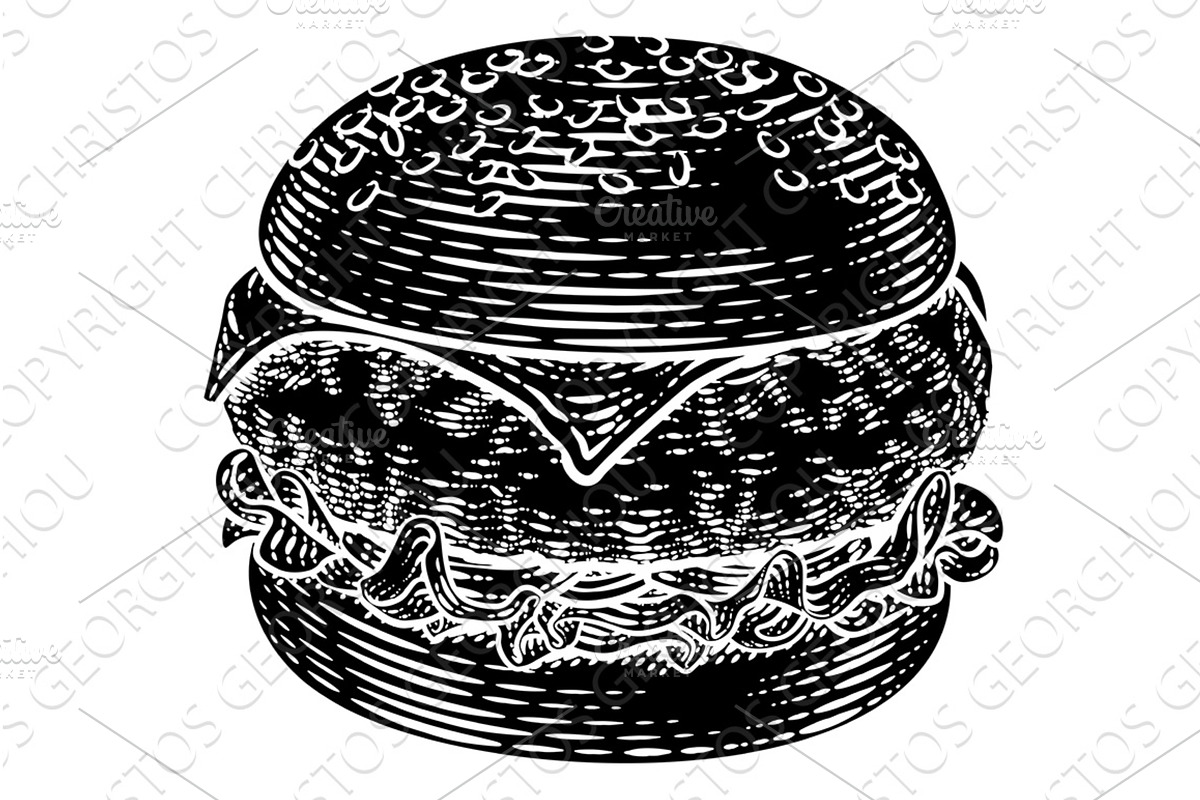 Burger Hamburger Vintage Woodcut, an Object Illustration by Christos Georghiou