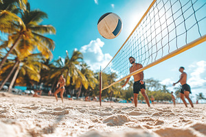 Playing volleyball on sandy beachfront with palm trees in bright sunlight, a Photo by AlyaAnd