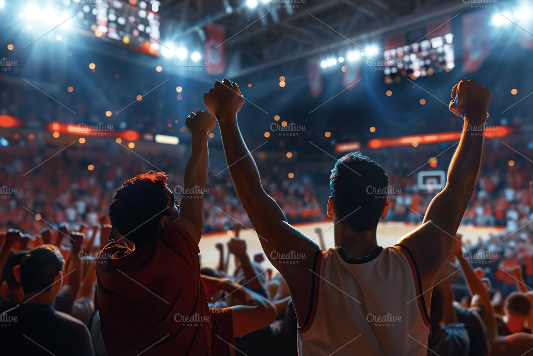 Back view of happy fans on a stadium watching basketball match, a Sports & Recreation Photo by AlyaAnd