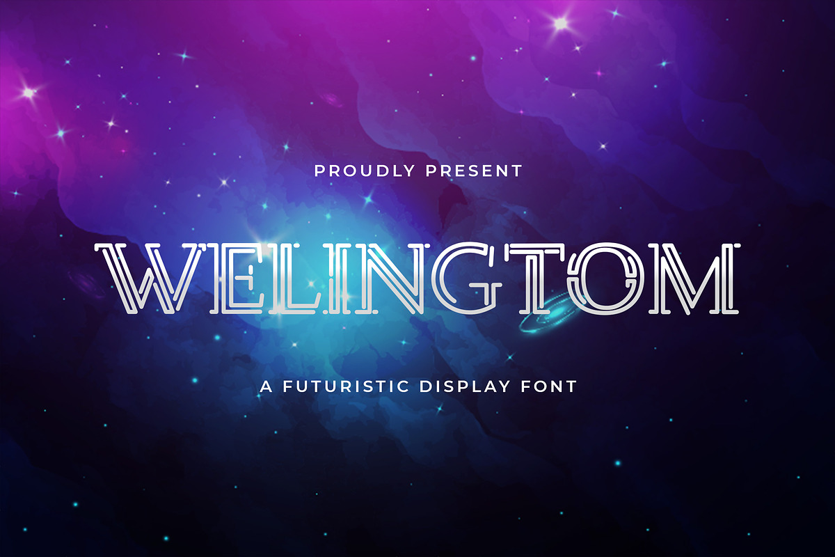 Welingtom - Futuristic Display Font, a Sans Serif Font by StringLabs (Photo 1 of 14)